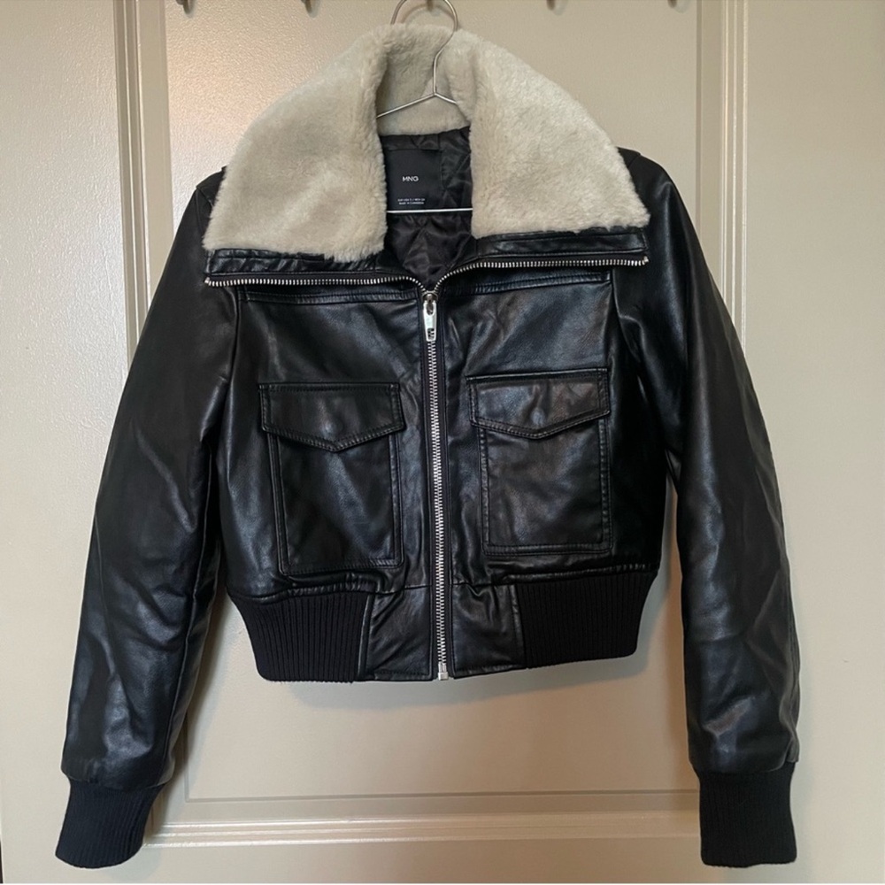Mango Faux Leather Jacket with Cream Shearling Collar